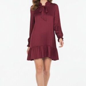 SANDRO Long Sleeve Tie Neck Burgundy Mini Dress